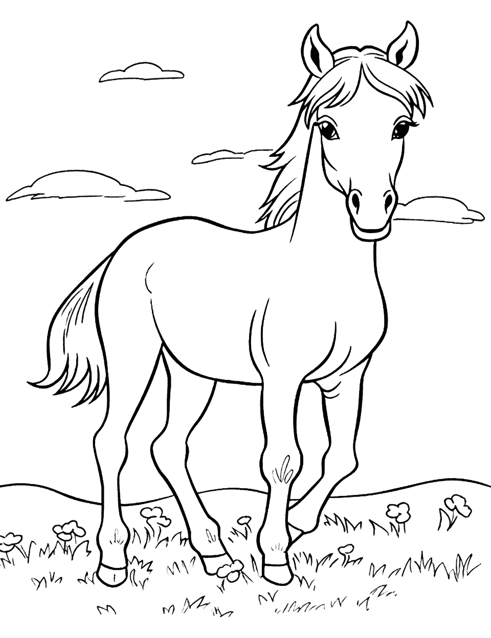 Cute Baby Foal Horse Coloring Page - A cute and easy-to-color picture of a baby foal playing in a field. Cute Baby Foal Horse Coloring Page - A cute and easy-to-color picture of a baby foal playing in a field.
