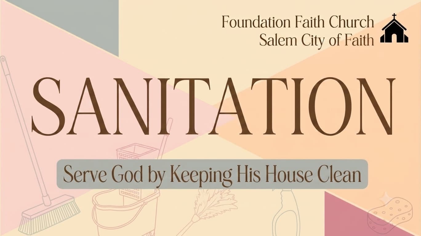 Sanitation department graphic: a broom, mop and bucket over pastel shapes, with the words Serve God by Keeping His House Clean